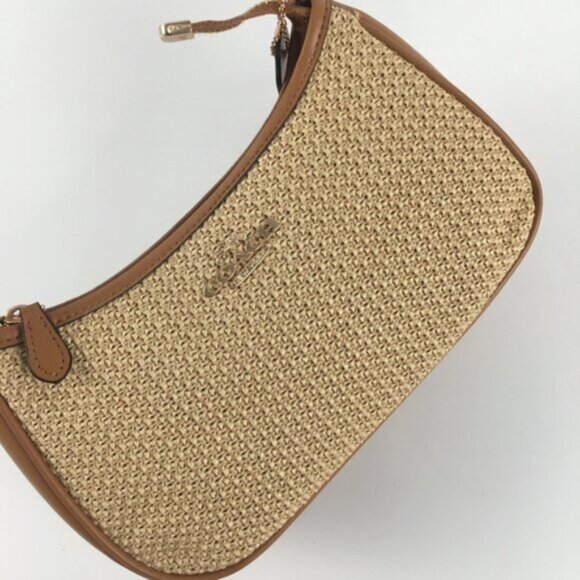 New COACH Teri 2way Shoulder Bag Crossbody Straw/Leather Latte - Picture 5 of 7